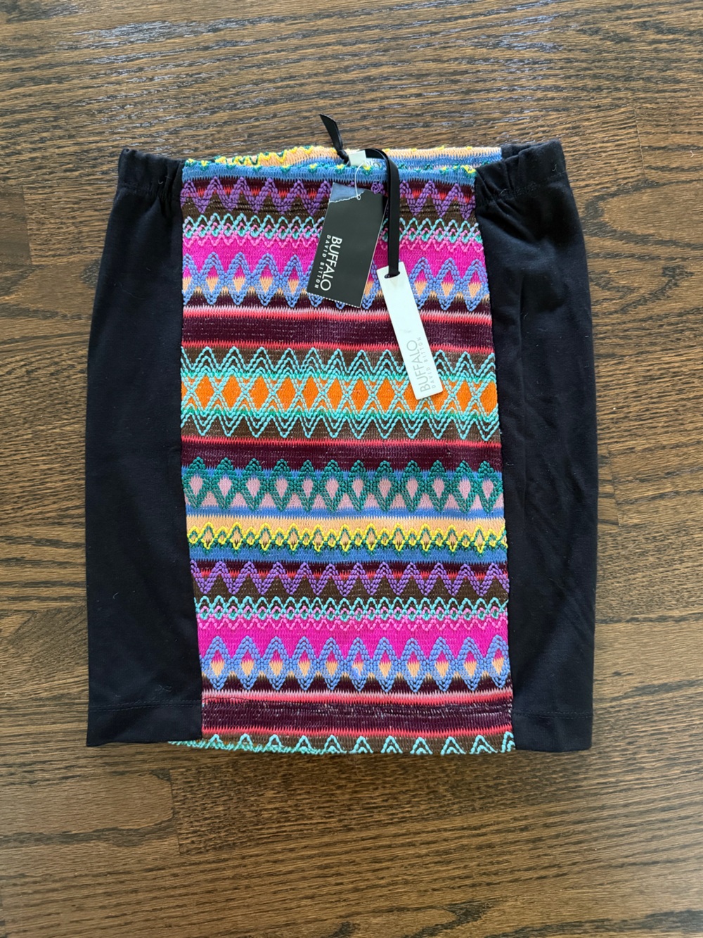 NWT Buffalo David Bitton Black Sweater with Multicolor Aztec Stripe Panel